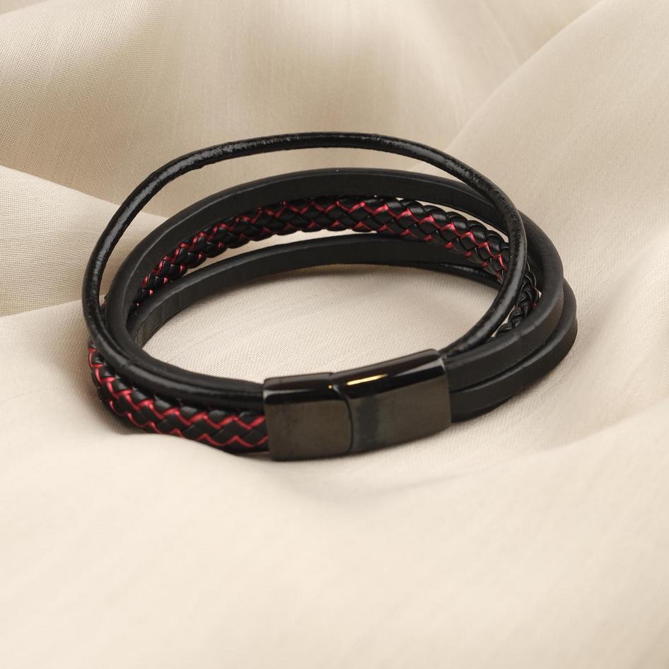 Black Multi-Layer Leather Bracelet – Red Stitching — image 5