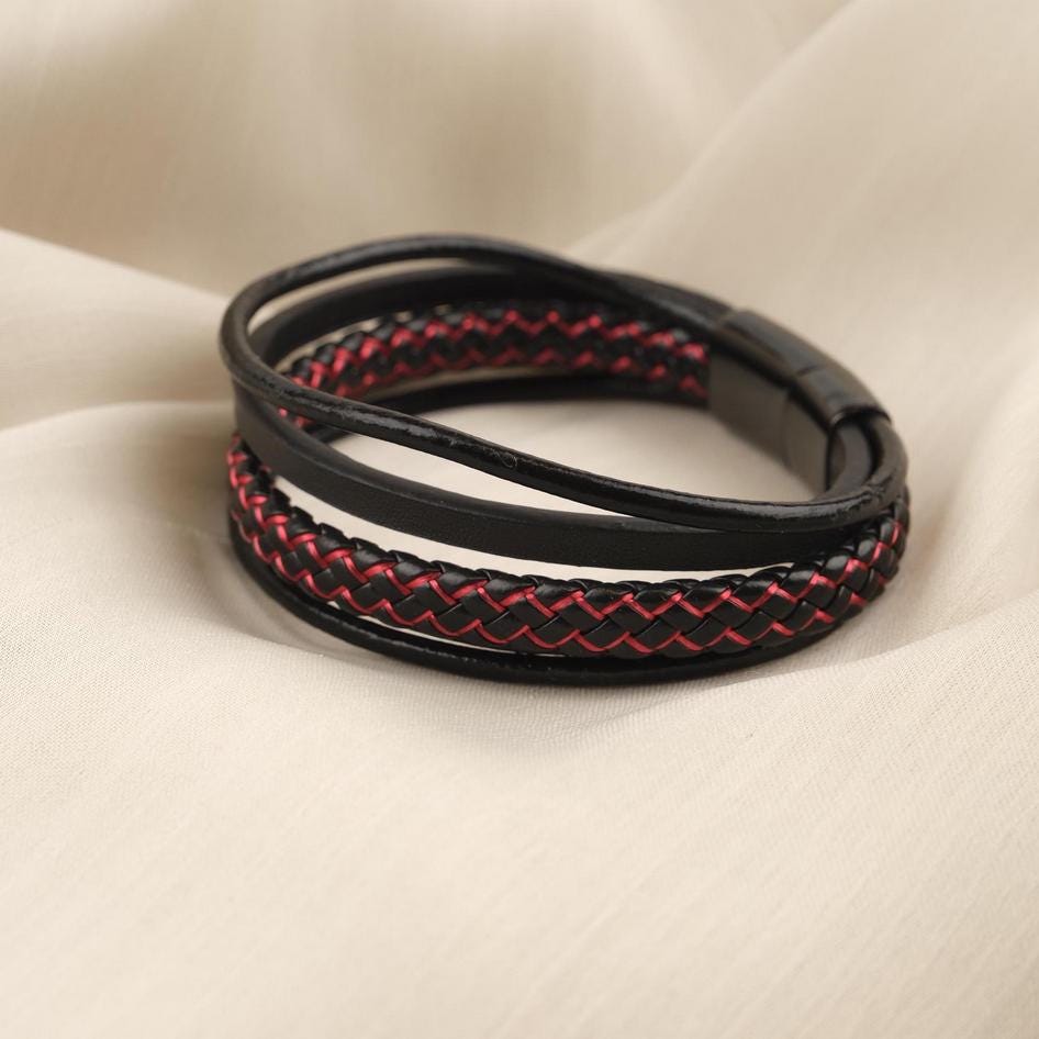 Black Multi-Layer Leather Bracelet – Red Stitching — image 6