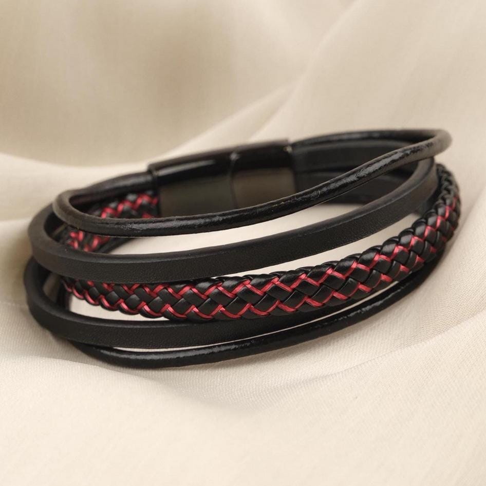 Black Multi-Layer Leather Bracelet – Red Stitching — image 7