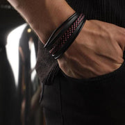 Black Multi-Layer Leather Bracelet – Red Stitching — image 2
