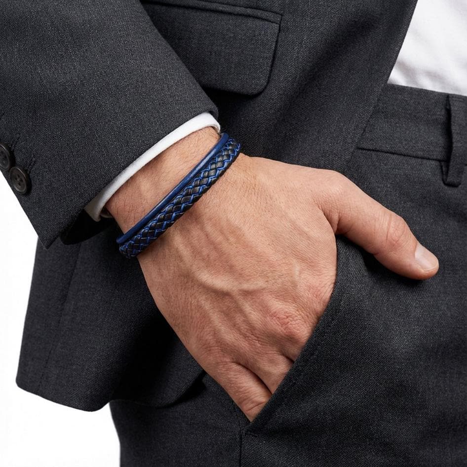 Blue Leather Bracelet – Black Stitching — image 3