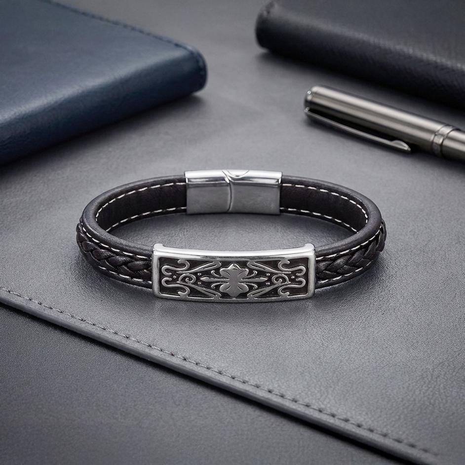 Engraved Silver Leather Bracelet — image 1