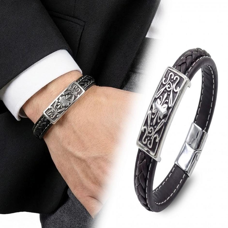 Engraved Silver Leather Bracelet — image 3