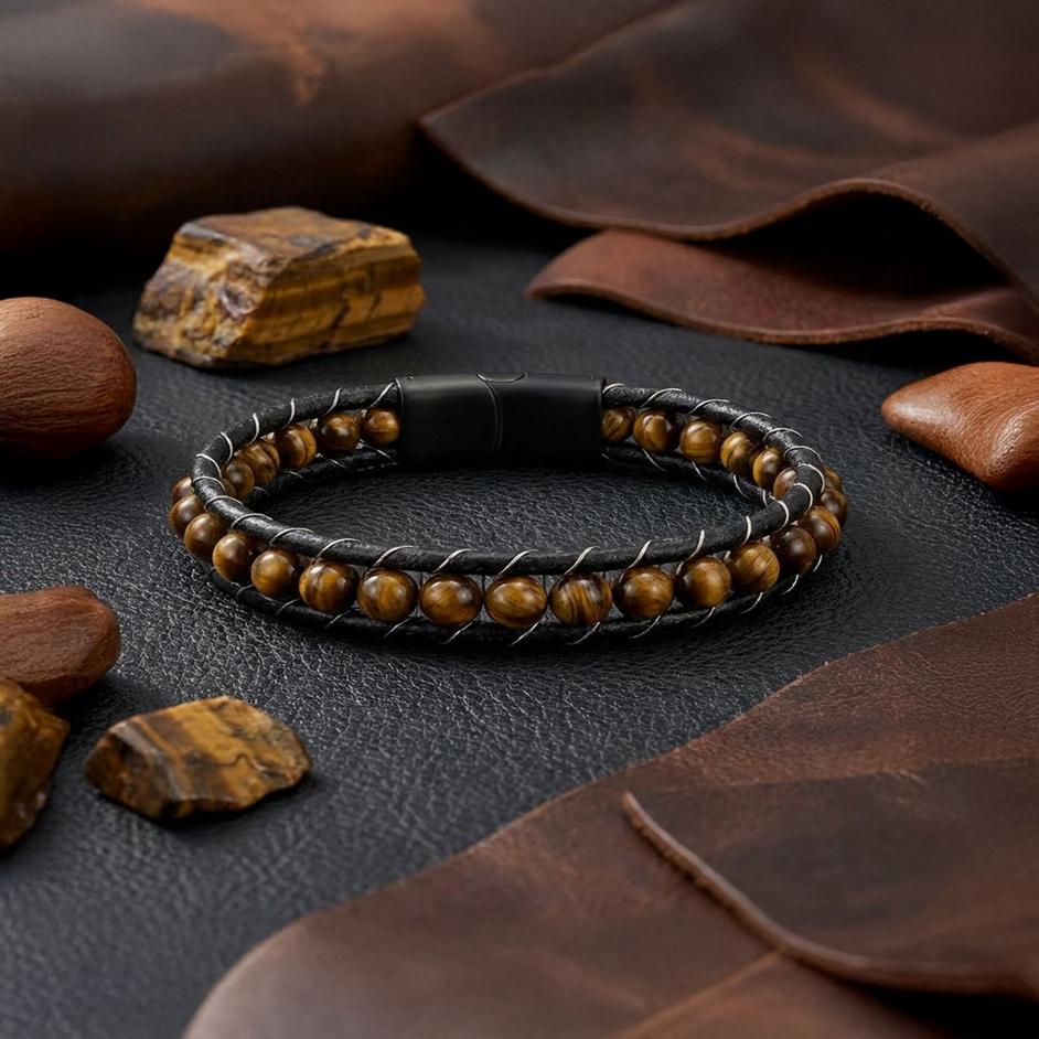 Tiger Eye Disc Bead Leather Bracelet — image 5