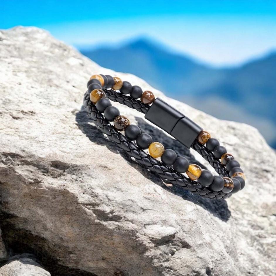 Matte Onyx & Tiger Eye Leather Bracelet — image 5