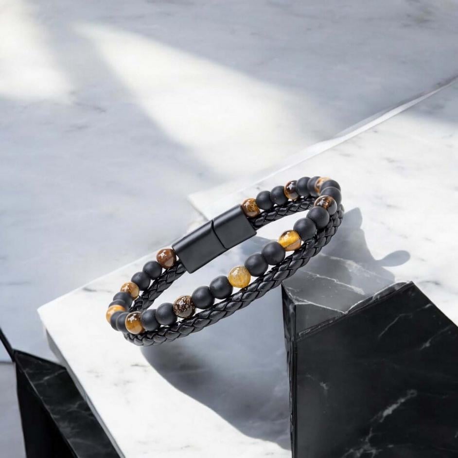 Matte Onyx & Tiger Eye Leather Bracelet — image 6
