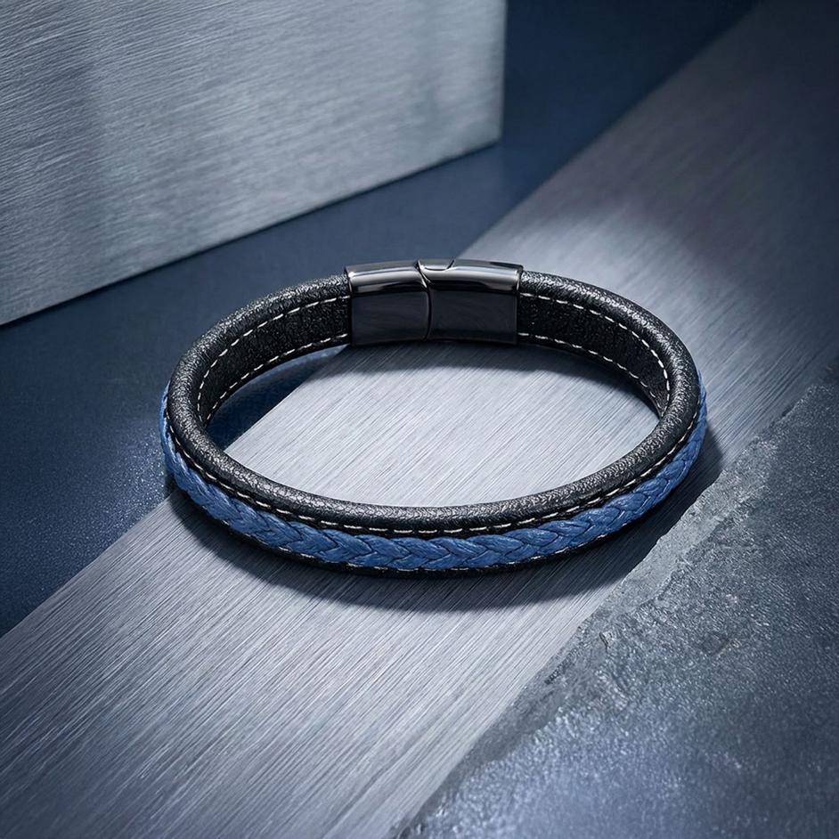 Navy Leather Bracelet – Black Stitching — image 4
