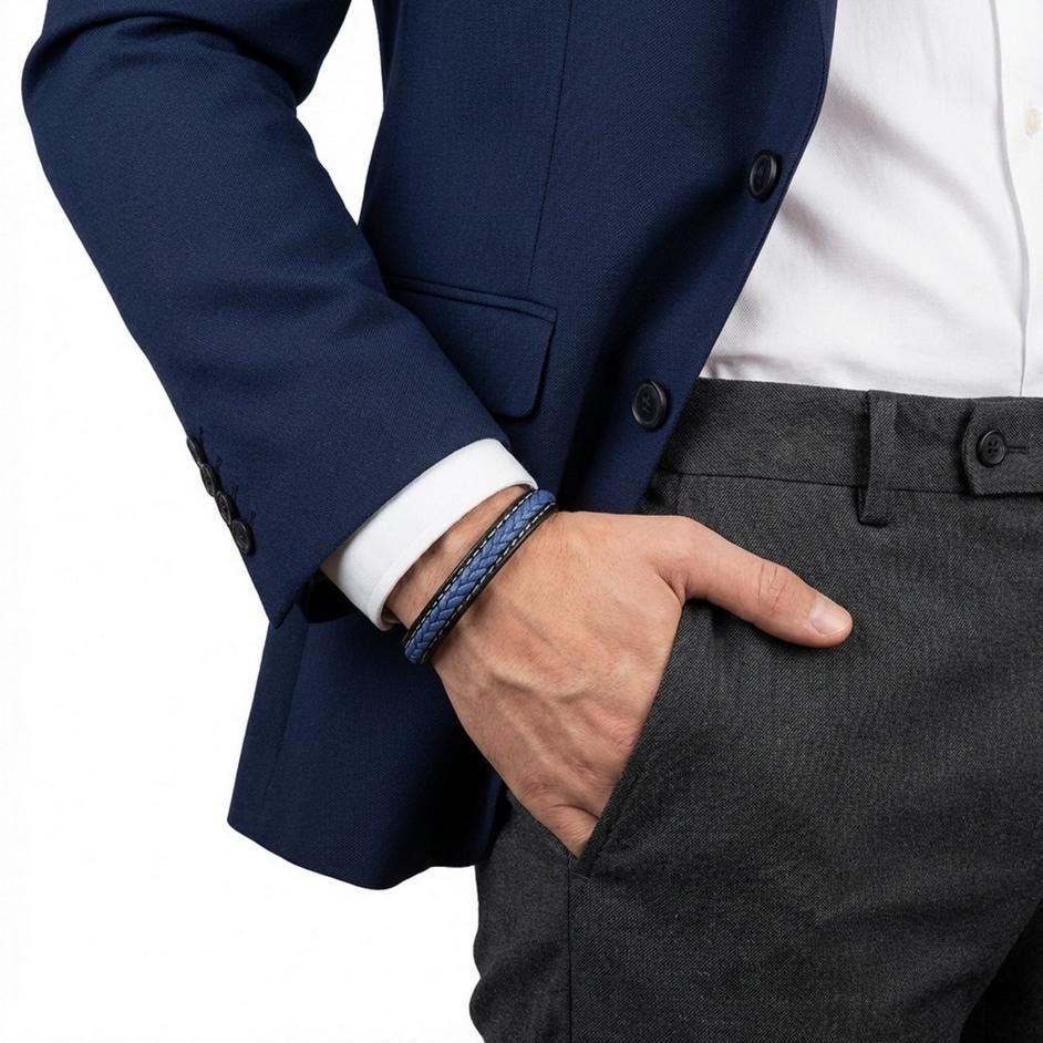 Navy Leather Bracelet – Black Stitching — image 3