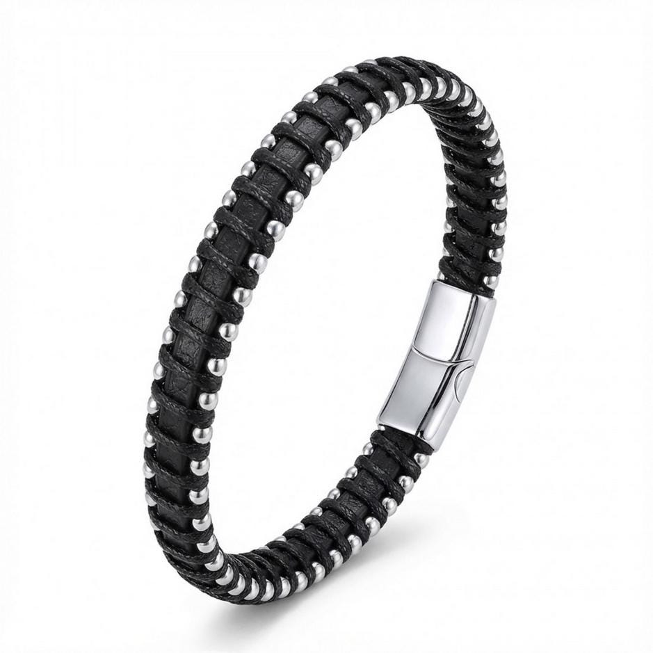 Black Leather Bracelet – Contrast Stitching — image 2