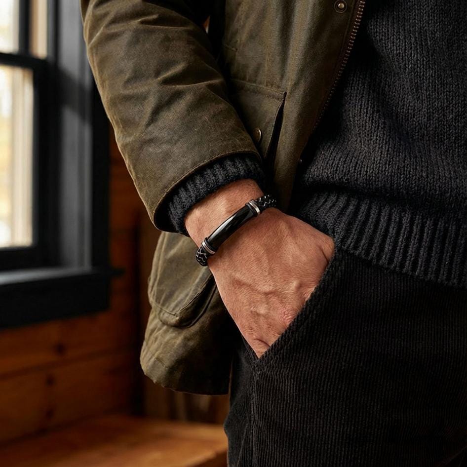 Black & White Stitched Leather Bracelet — image 1
