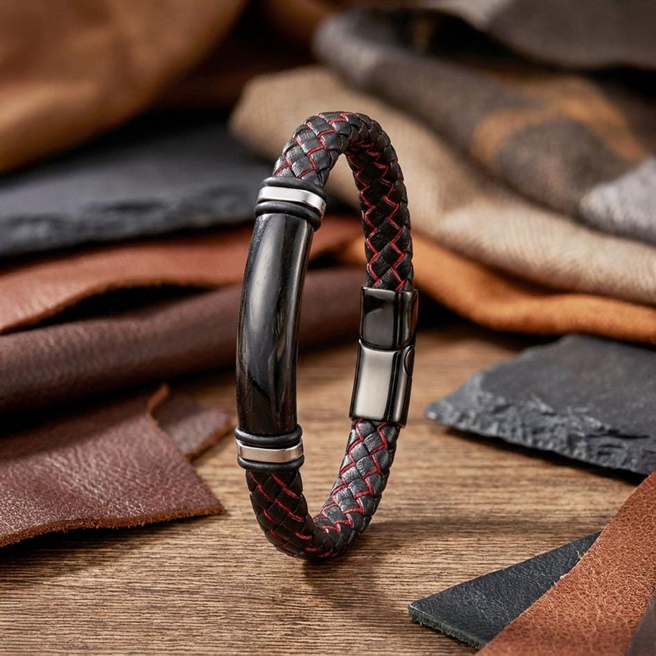 Red-Stitched Leather Bracelet – Gold Accents — image 3