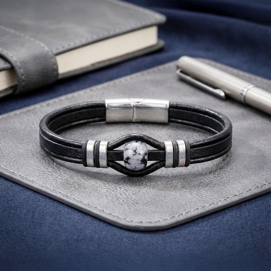 Snowy Obsidian Leather Bracelet — image 1