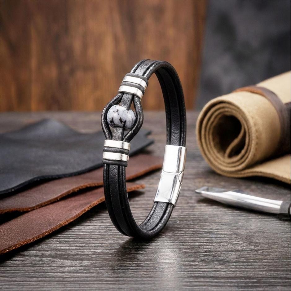 Snowy Obsidian Leather Bracelet — image 3