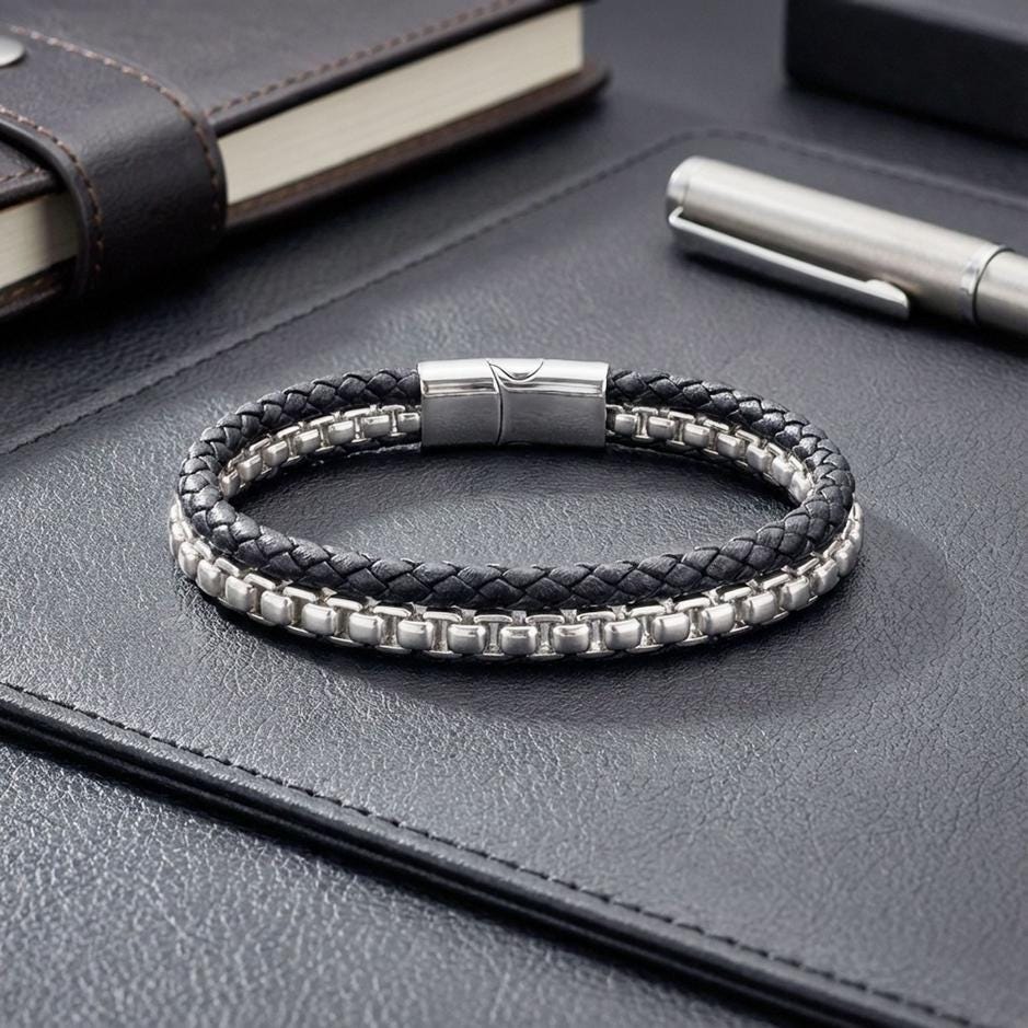 Black Leather & Silver Chain Bracelet — image 2