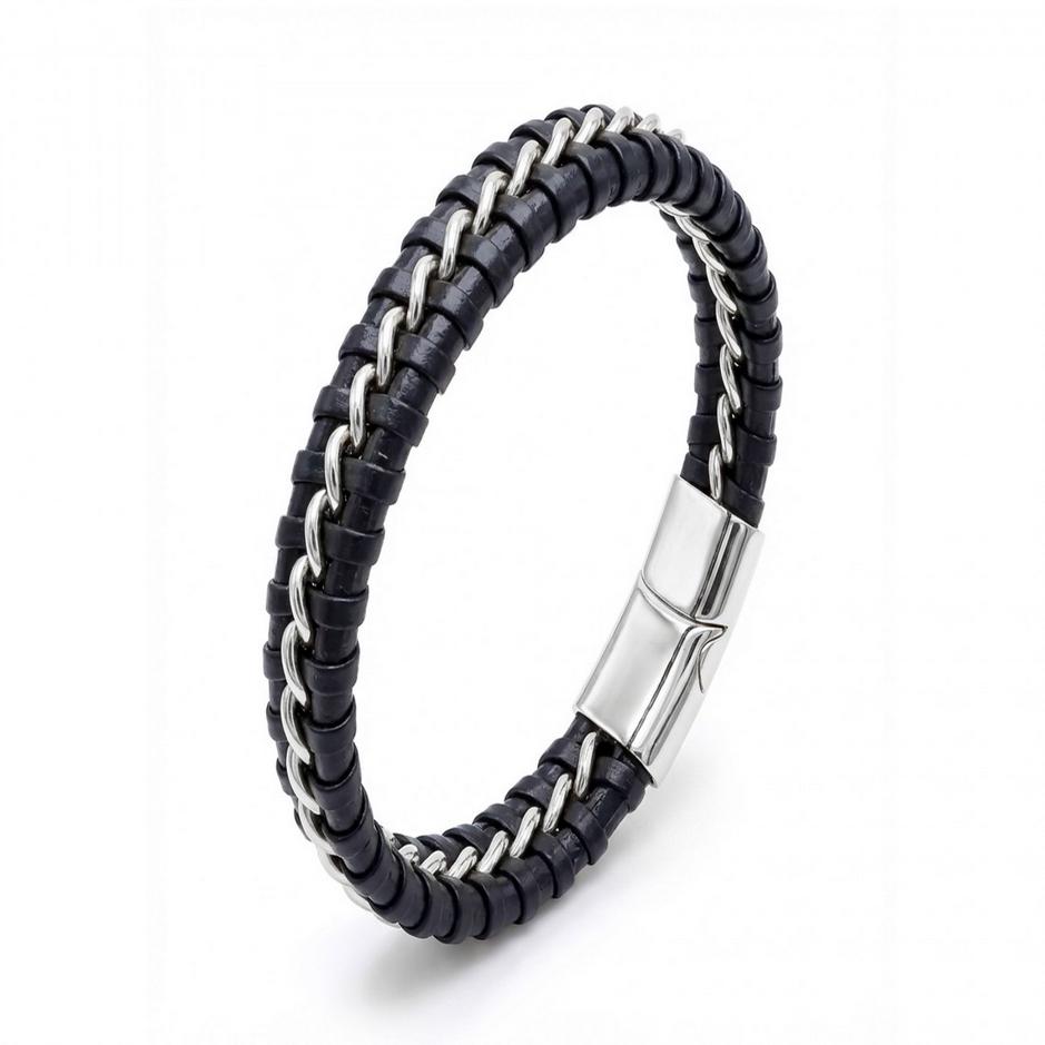 Black Leather Bracelet – Silver Stitching — image 2