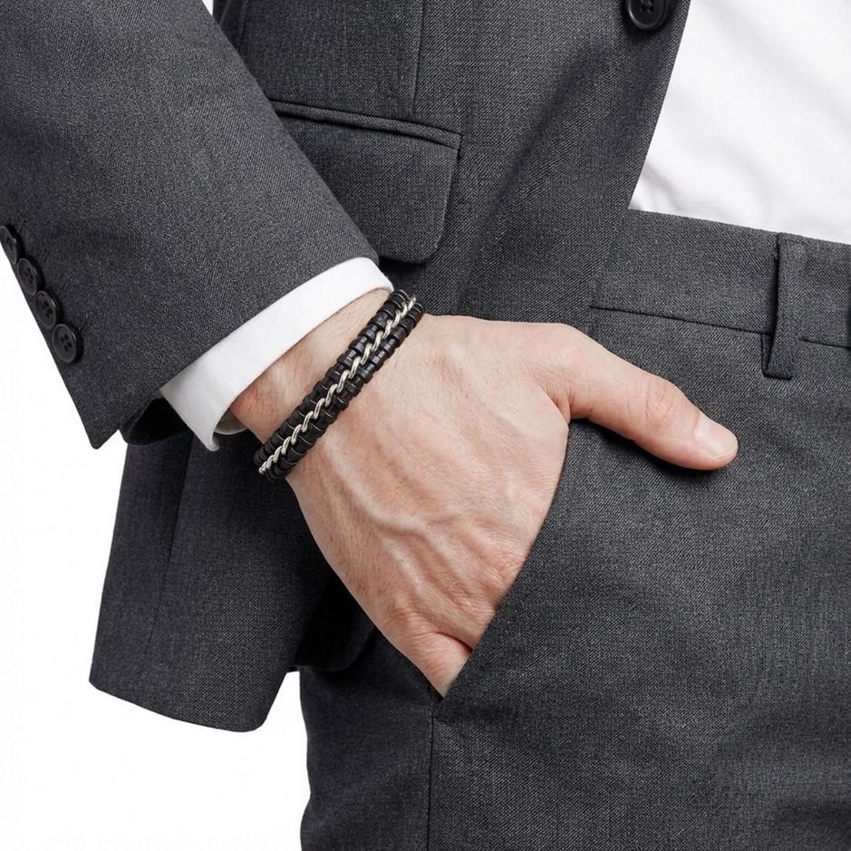 Black Leather Bracelet – Silver Stitching — image 4