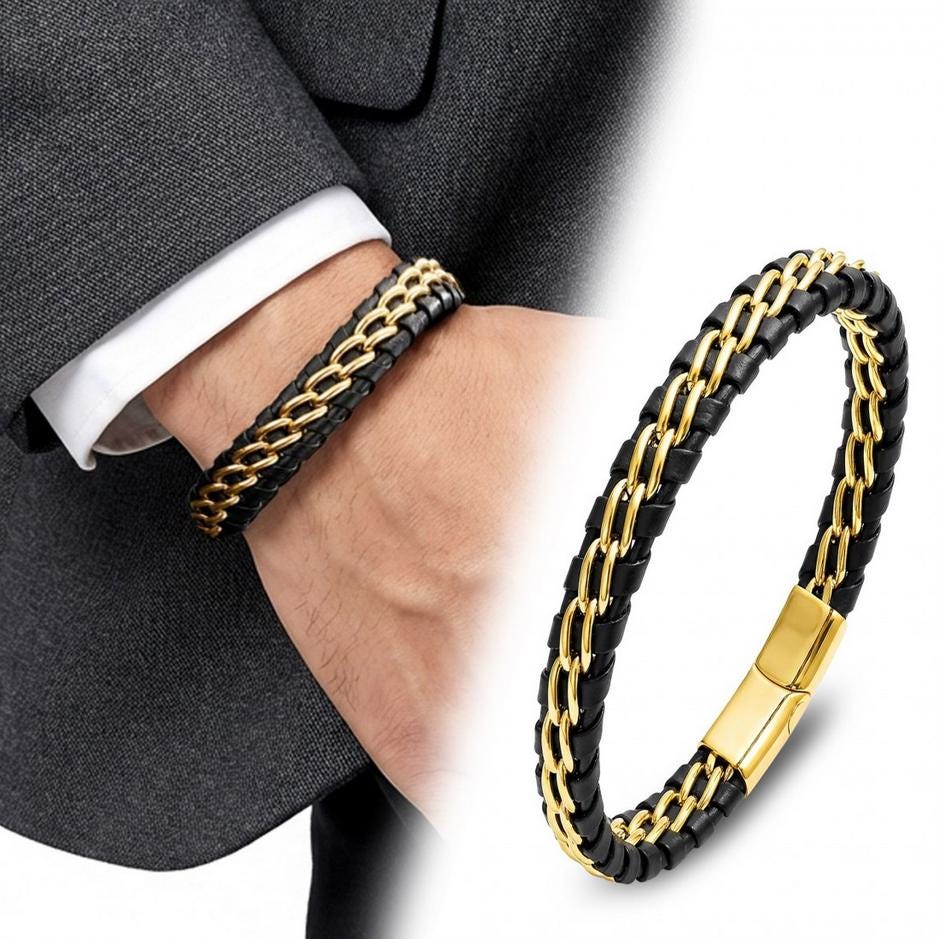 Black Leather Bracelet – Gold Stitching — image 1