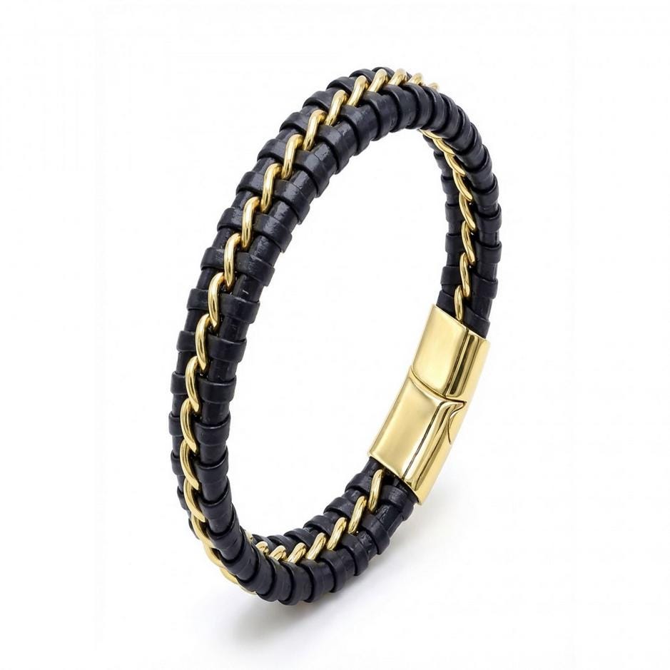 Black Leather Bracelet – Gold Stitching — image 3