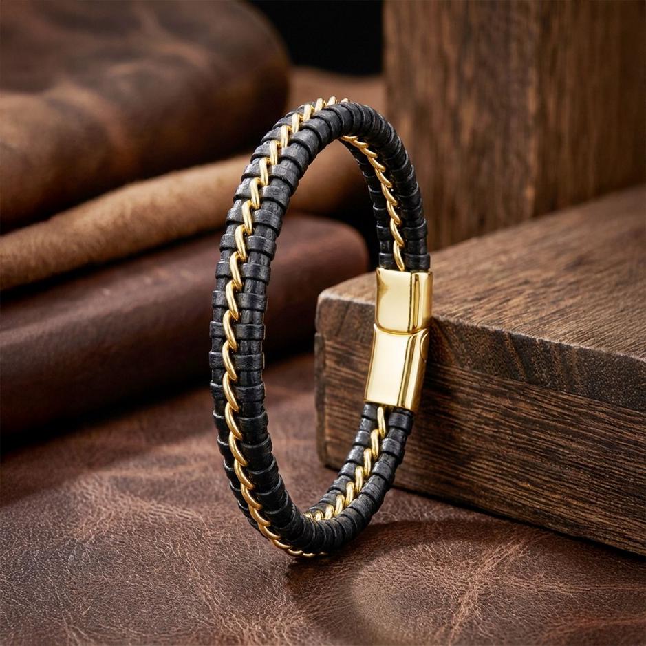 Black Leather Bracelet – Gold Stitching — image 2