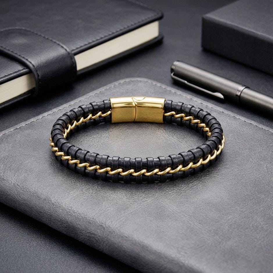 Black Leather Bracelet – Gold Stitching — image 4
