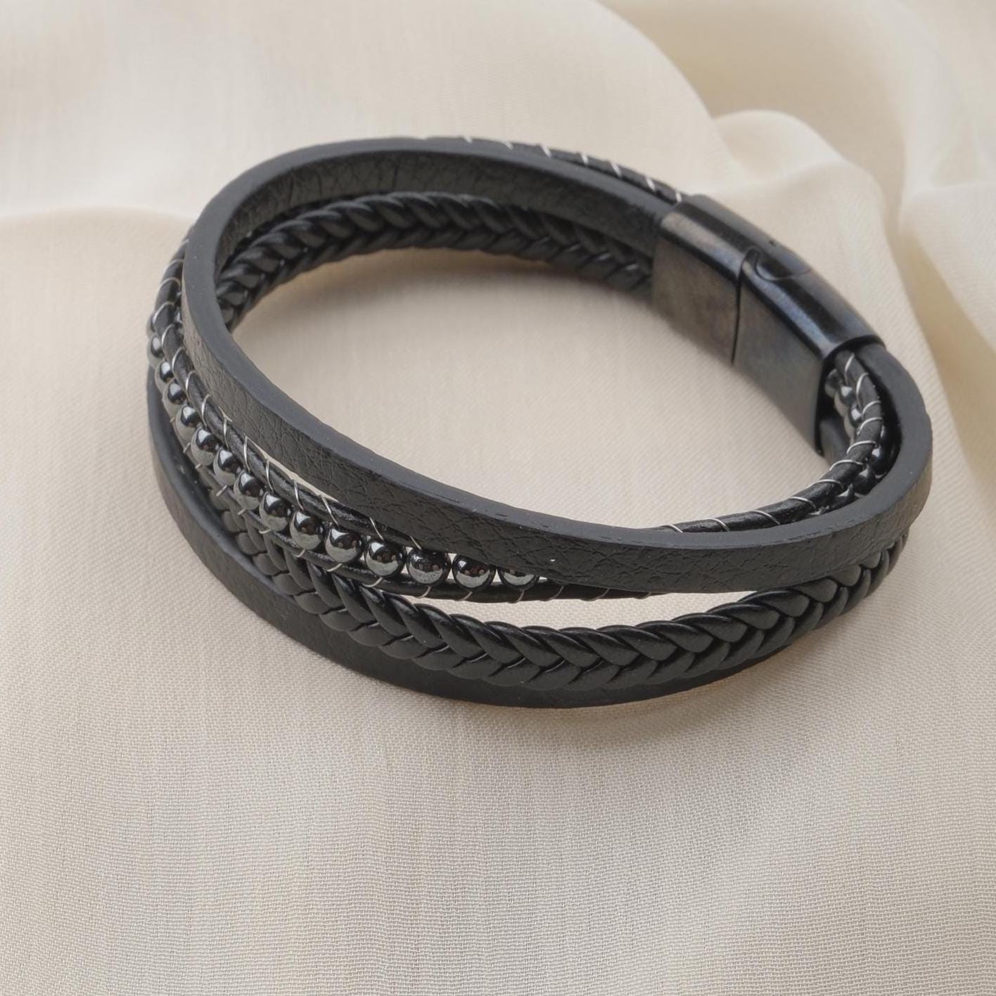 Hematite Beaded Leather Bracelet — image 4