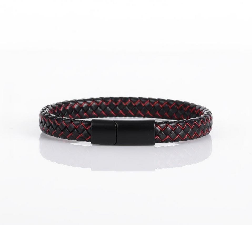 Braided Leather Bracelet – Red Stitching — image 1