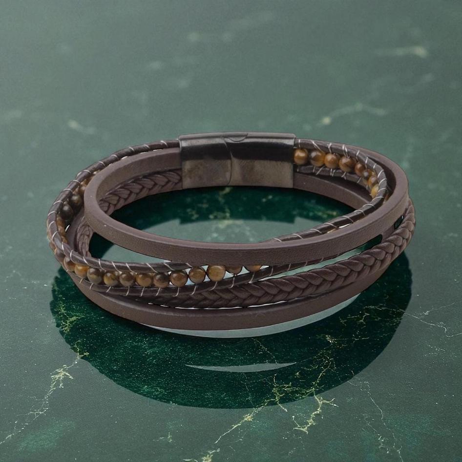 Tiger Eye Beaded Leather Bracelet — image 4