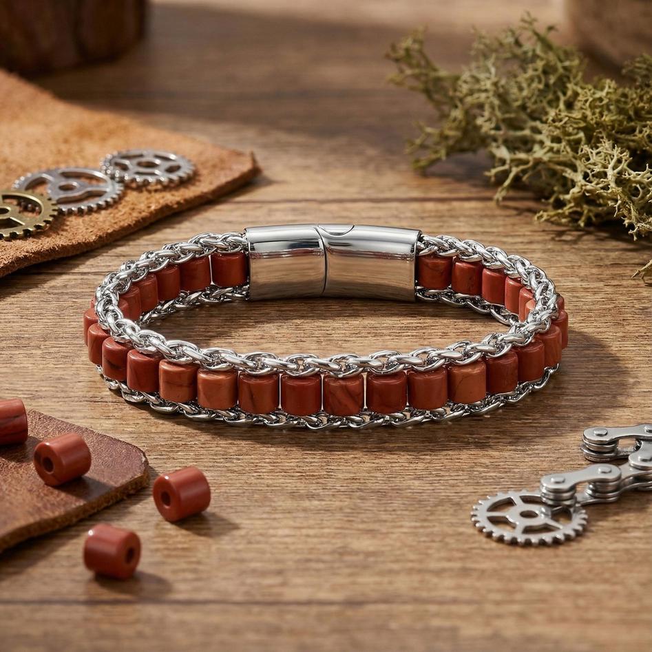 Red Jasper Silver Beaded Bracelet — image 1