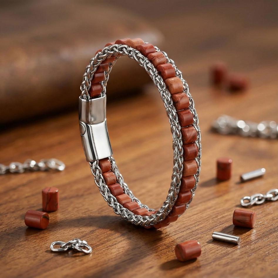 Red Jasper Silver Beaded Bracelet — image 4