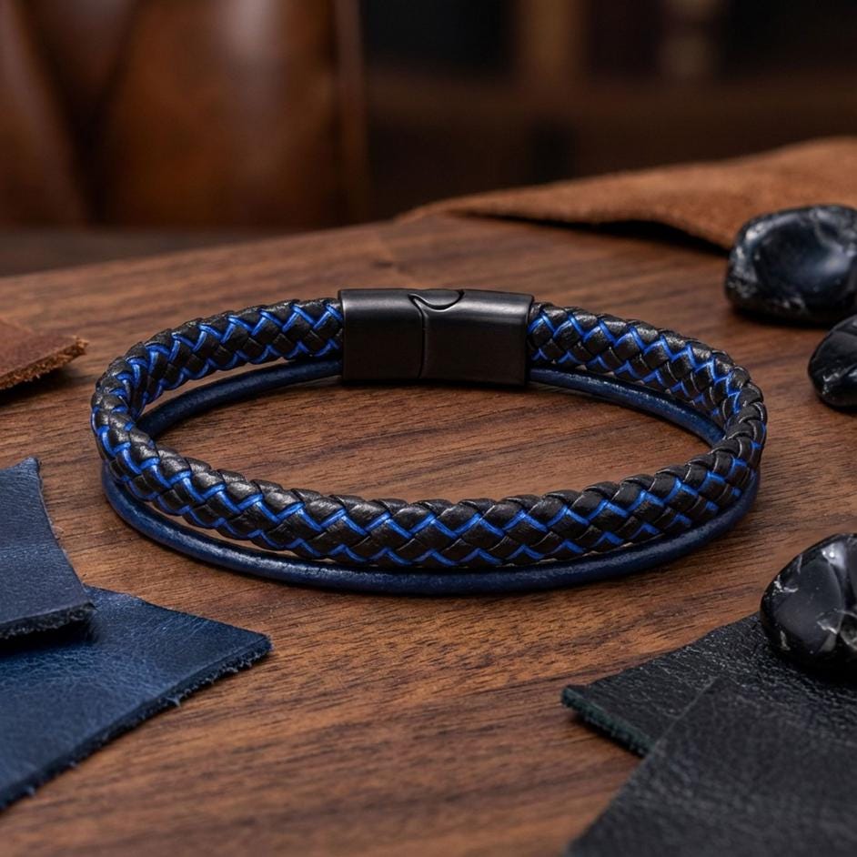 Blue Leather Bracelet – Black Stitching — image 1