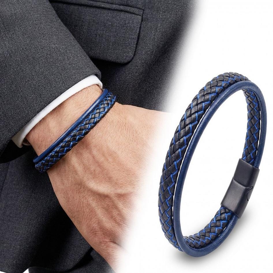 Blue Leather Bracelet – Black Stitching — image 5