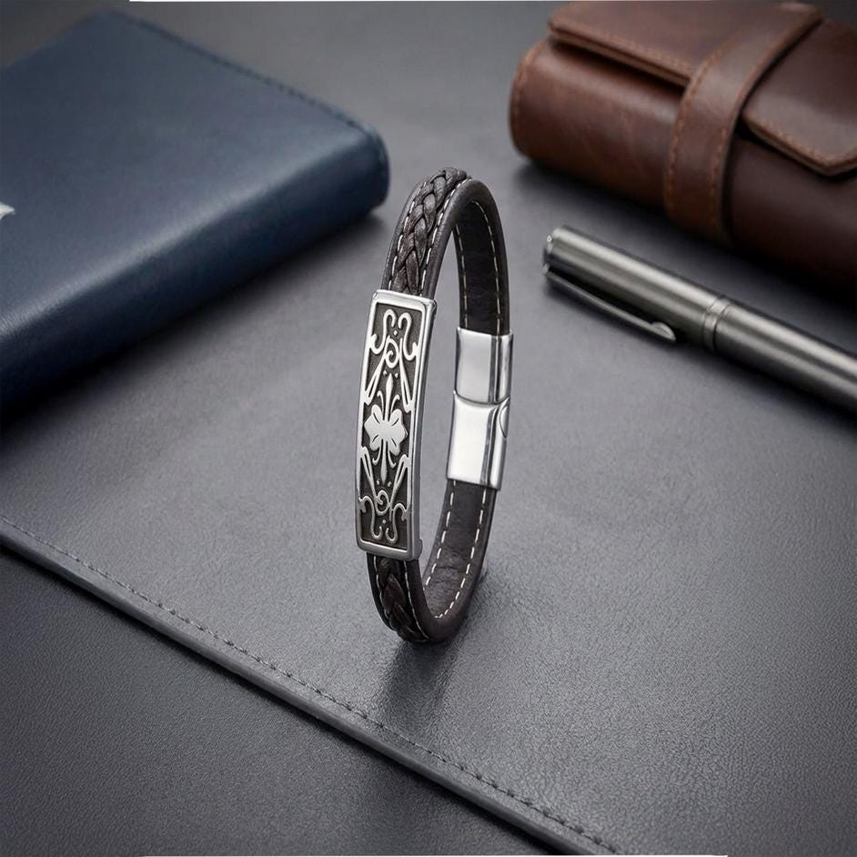 Engraved Silver Leather Bracelet — image 4
