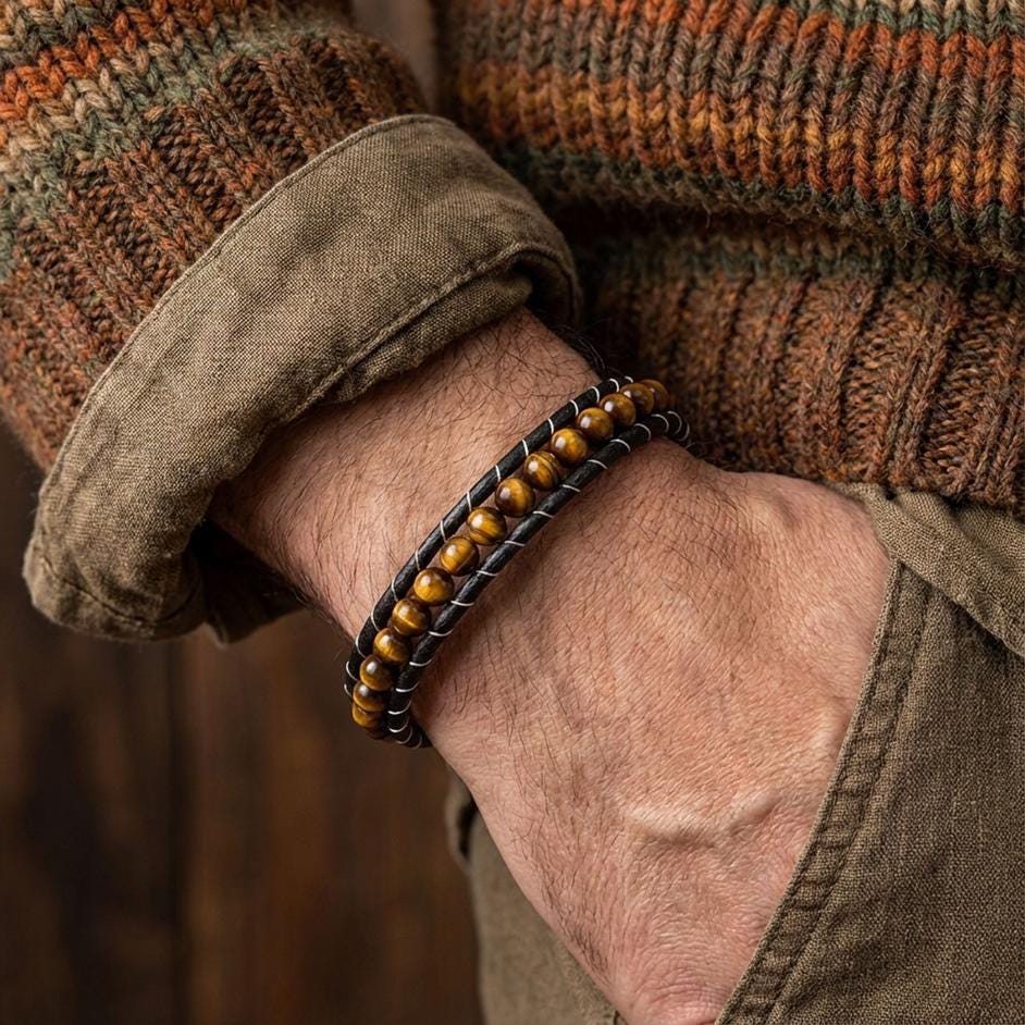 Tiger Eye Disc Bead Leather Bracelet — image 1