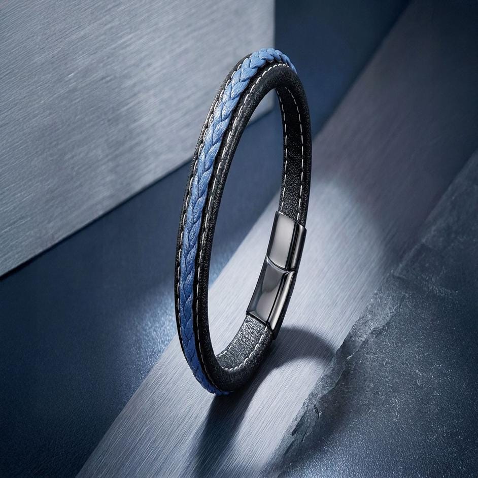 Navy Leather Bracelet – Black Stitching — image 5