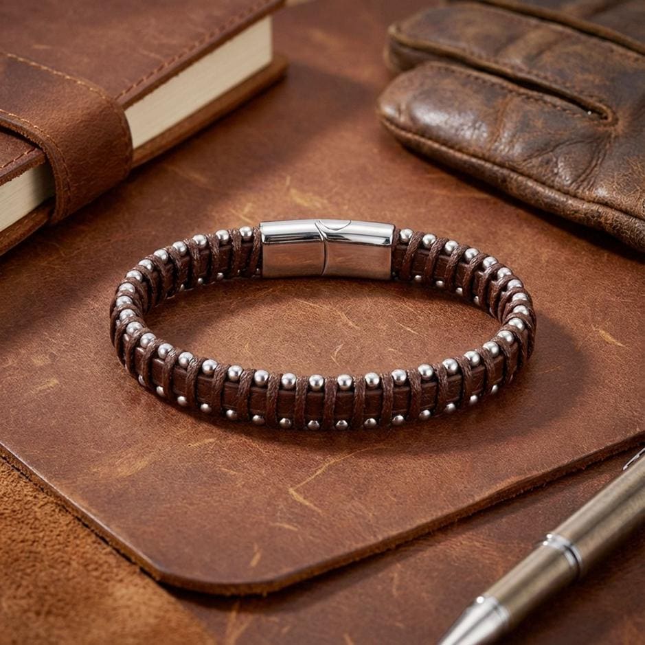 Brown Leather Bracelet – Contrast Stitching — image 1