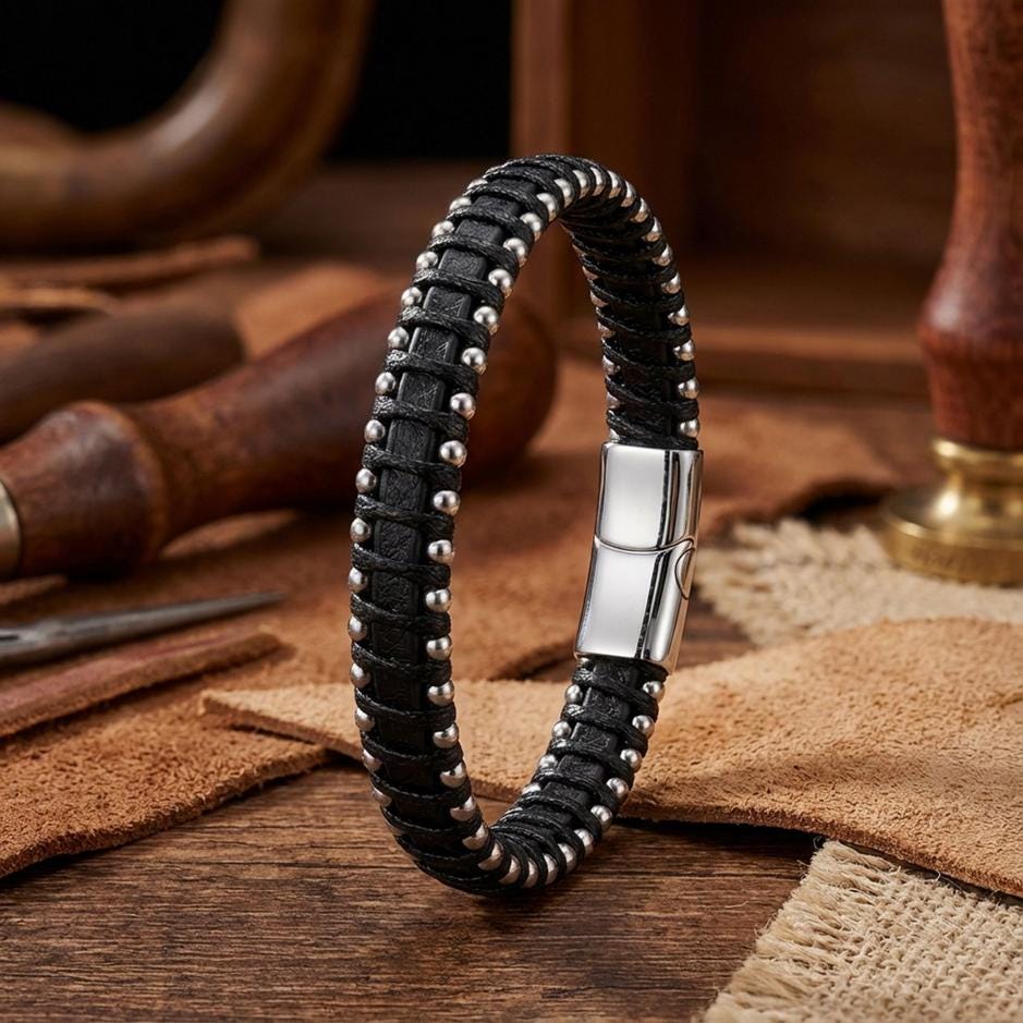 Black Leather Bracelet – Contrast Stitching — image 4