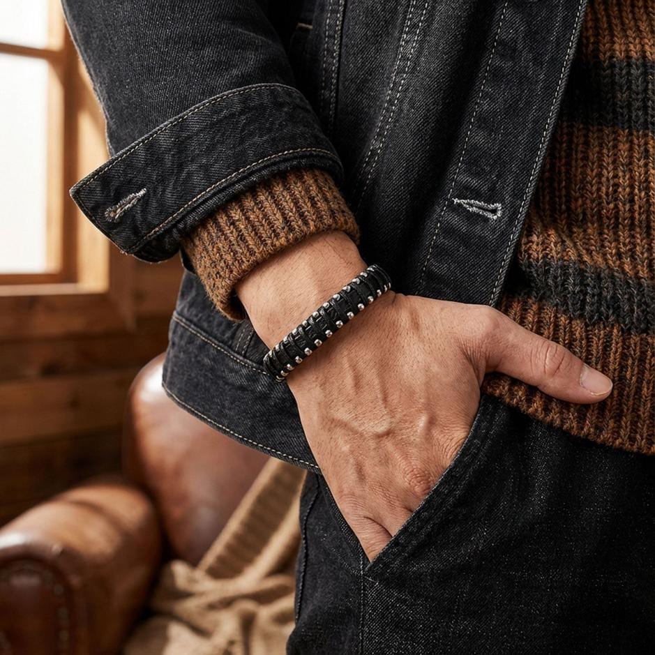 Black Leather Bracelet – Contrast Stitching — image 1