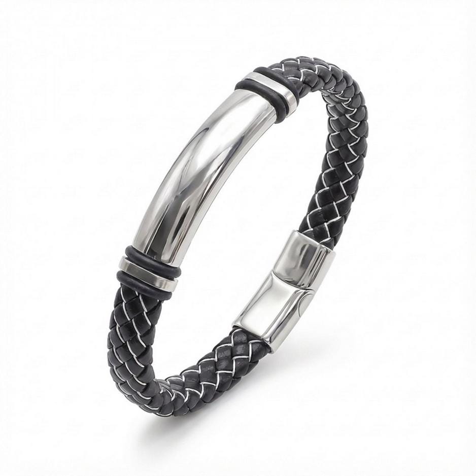 Black & White Stitched Leather Bracelet — image 3