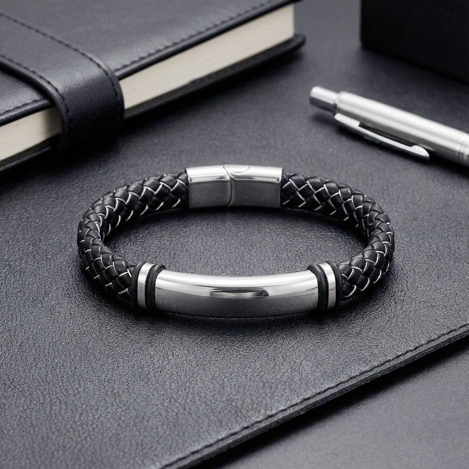 Black & White Stitched Leather Bracelet — image 2