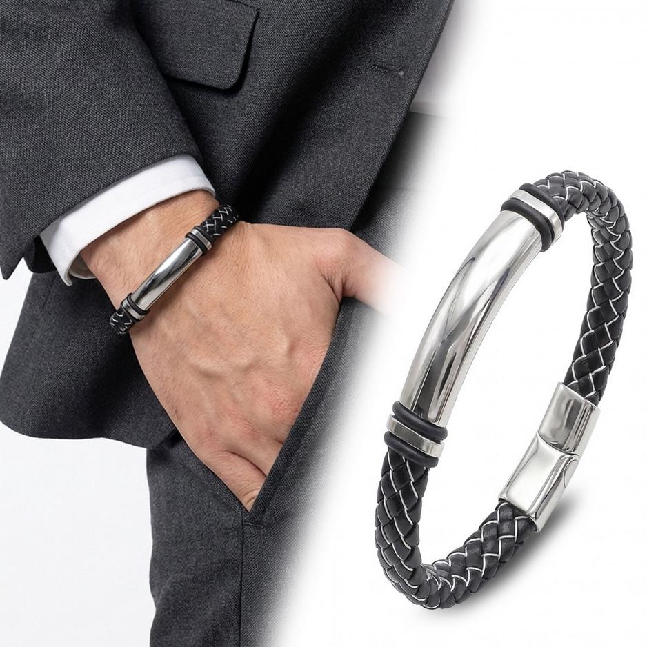 Black & White Stitched Leather Bracelet — image 6