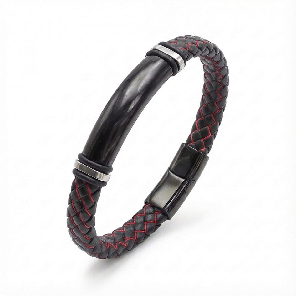 Red-Stitched Leather Bracelet – Gold Accents — image 2