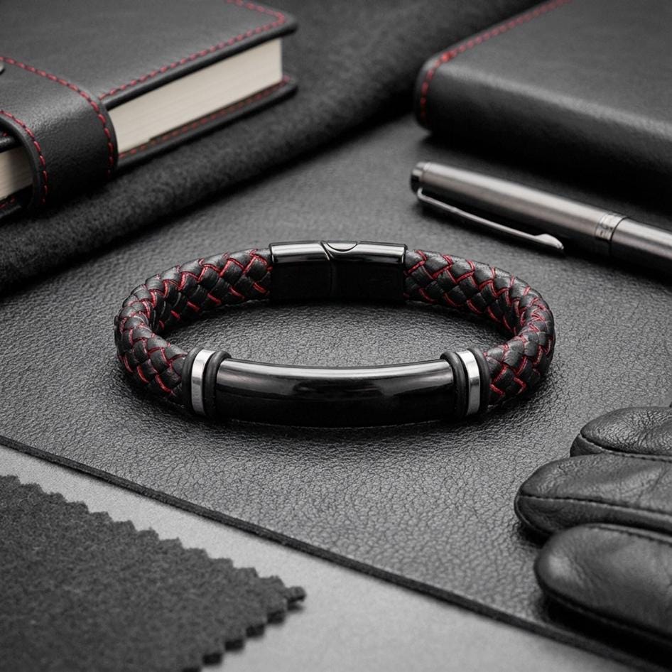 Red-Stitched Leather Bracelet – Gold Accents — image 1