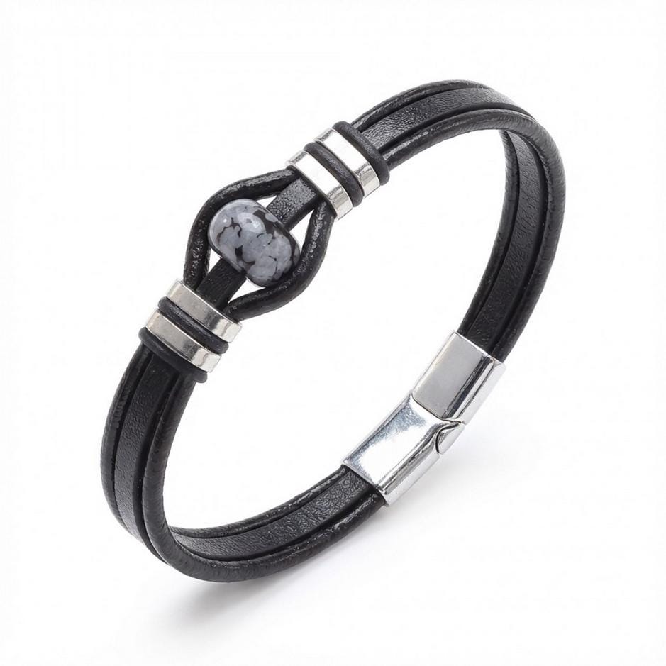 Snowy Obsidian Leather Bracelet — image 2