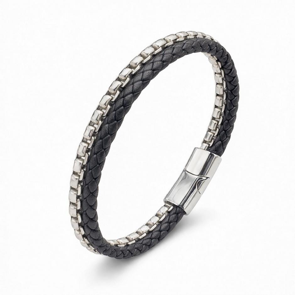 Black Leather & Silver Chain Bracelet — image 5