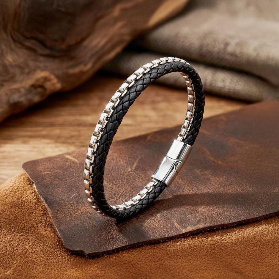 Black Leather & Silver Chain Bracelet — image 3