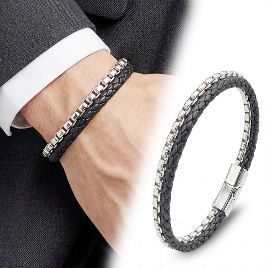 Black Leather & Silver Chain Bracelet — image 1