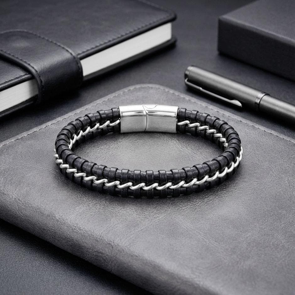 Black Leather Bracelet – Silver Stitching — image 1