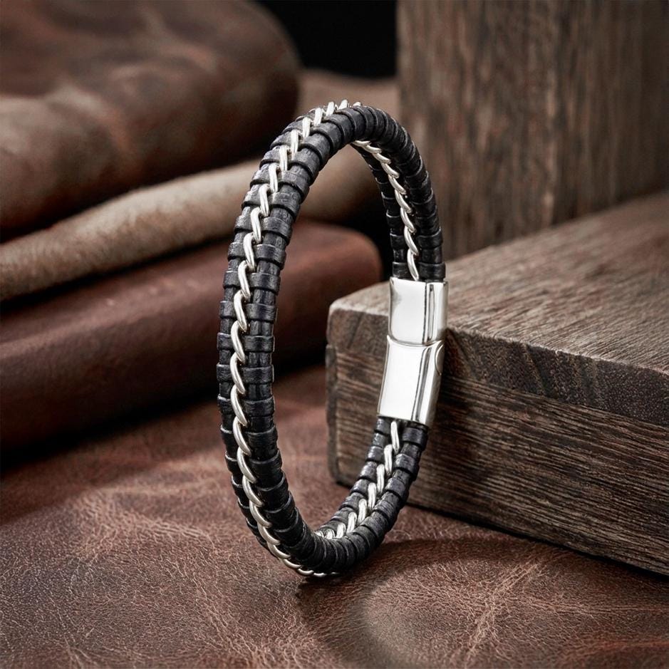 Black Leather Bracelet – Silver Stitching — image 3