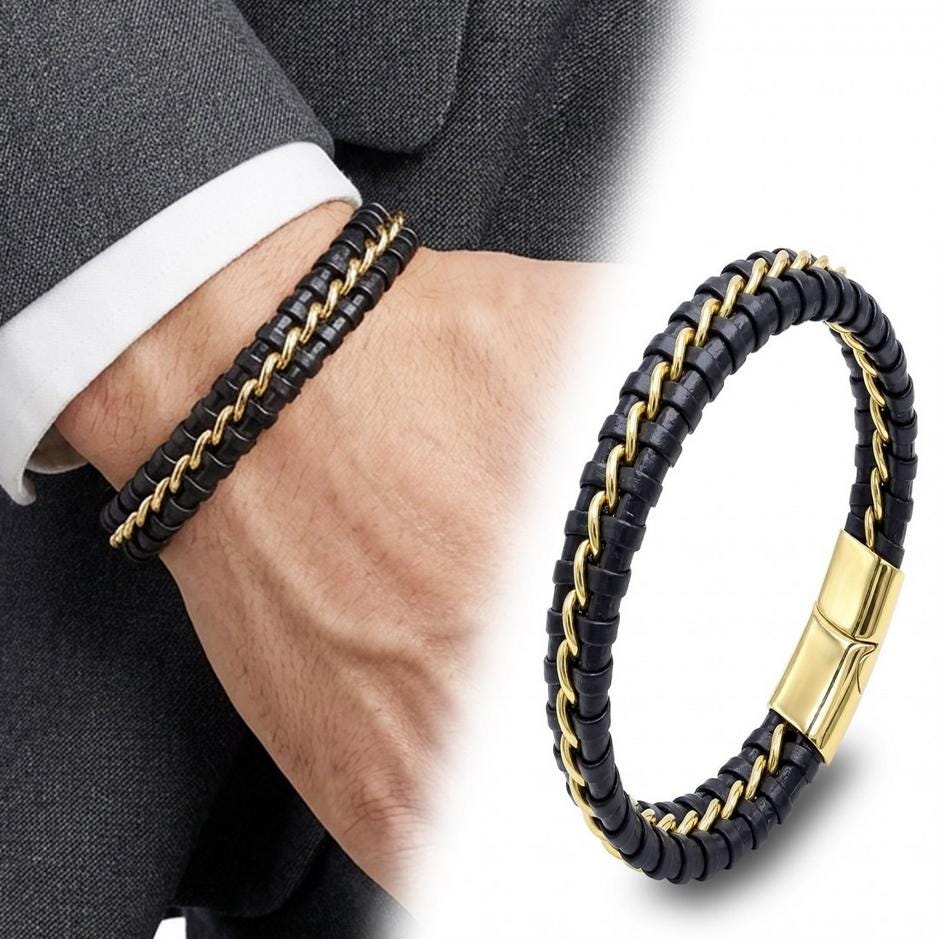 Black Leather Bracelet – Gold Stitching — image 6