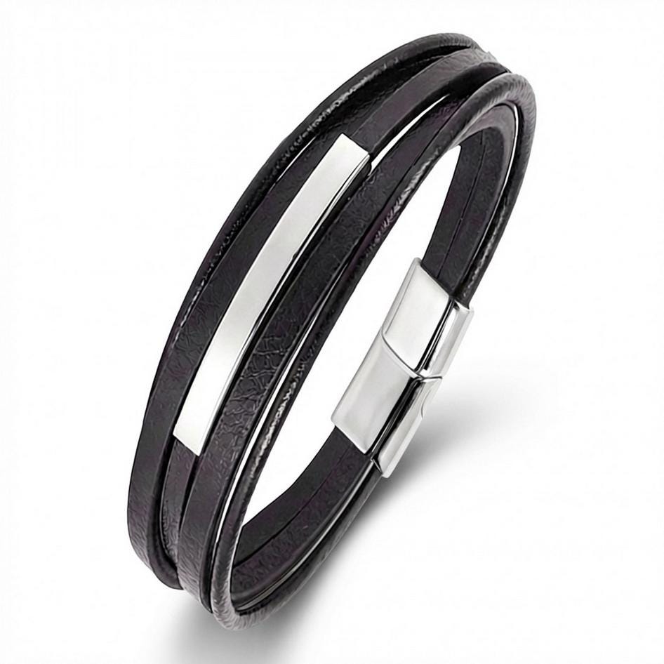Men’s Black Leather Bracelet – Silver Accent — image 2